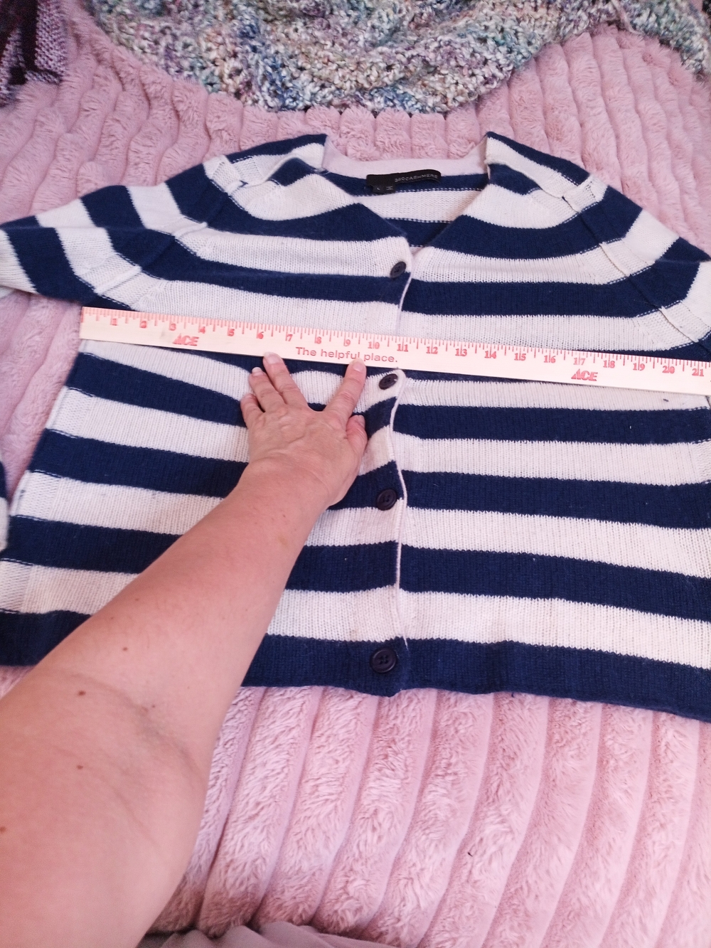 360 Cashmere Navy and Cream Striped Button-Front Cashmere Cardigan - Picture 7 of 8